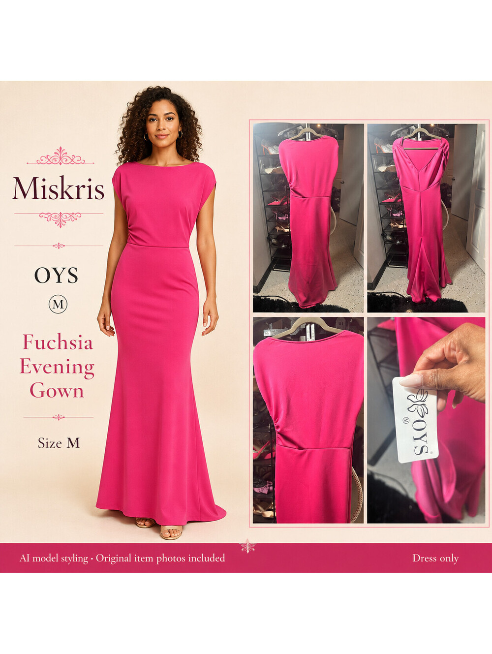 OYS Hot Pink Maxi Dress Medium Boat Neck Low V Back Mermaid Formal Evening Gown